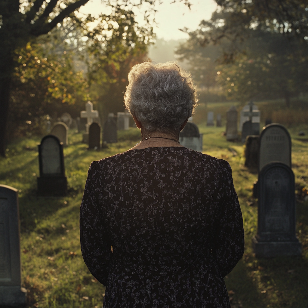 Vue arrière d'une femme quittant un cimetière | Source : Midjourney