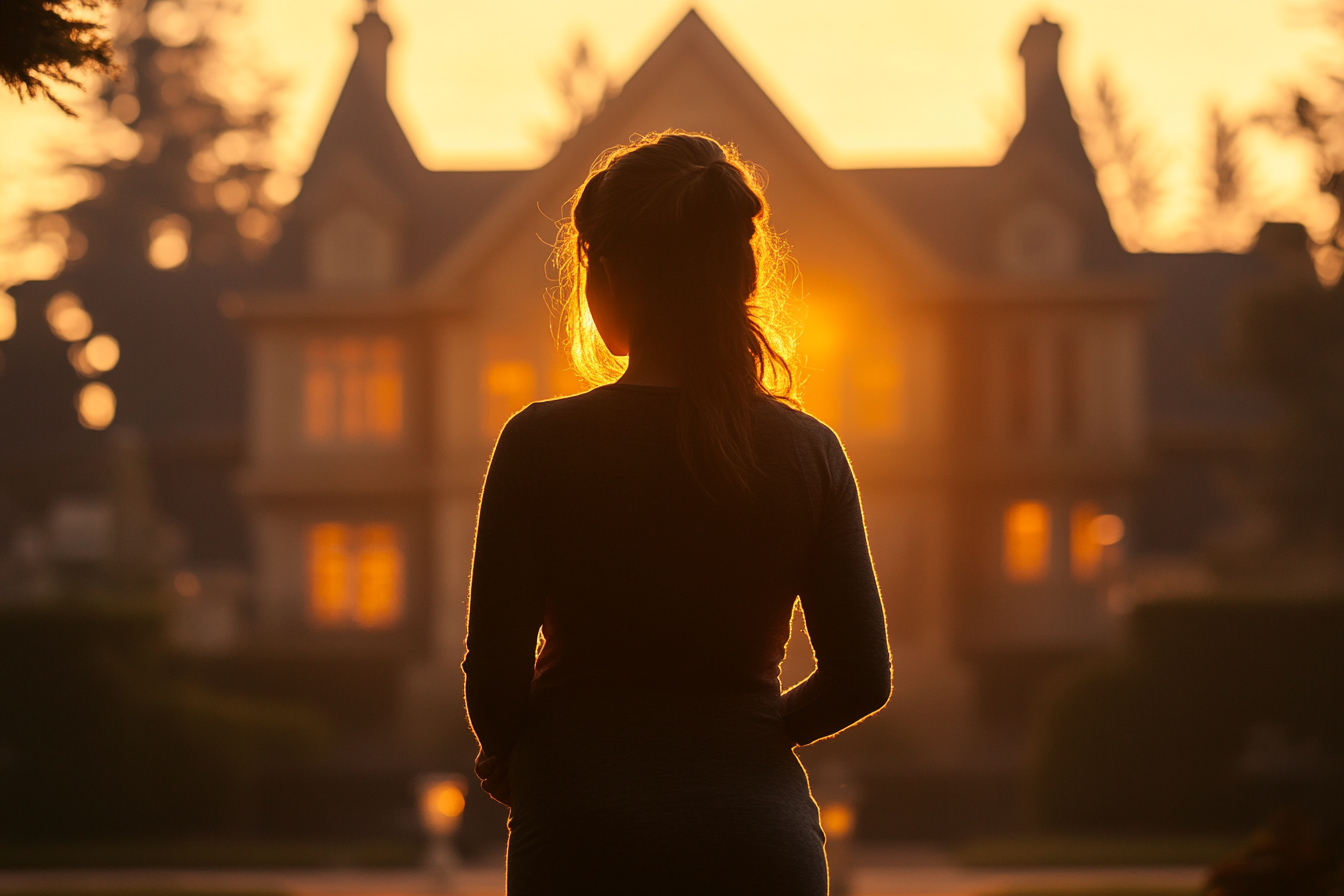 Silhouette d'une femme debout à l'extérieur d'un manoir | Source : Midjourney