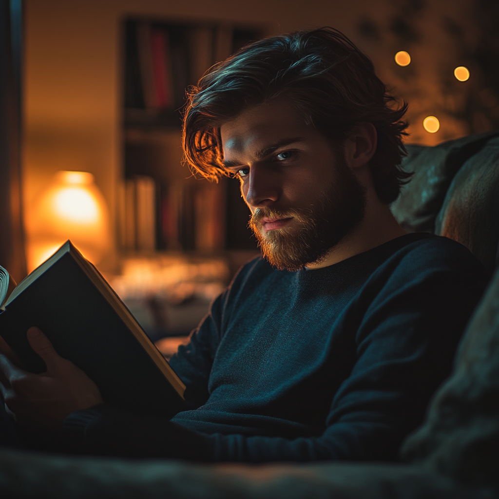 Un homme lisant un livre dans son salon | Source : Midjourney