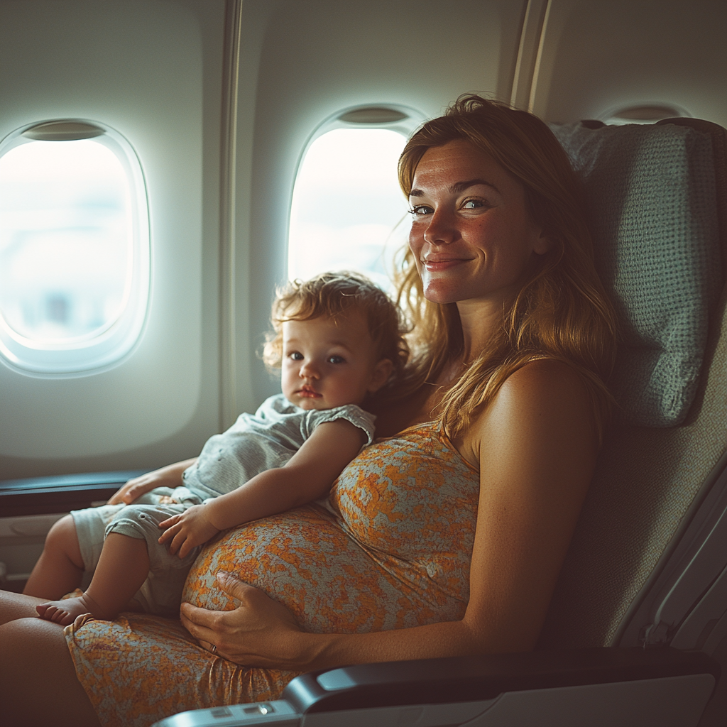 A happy pregnant woman with a toddler on her lap | Source: Midjourney