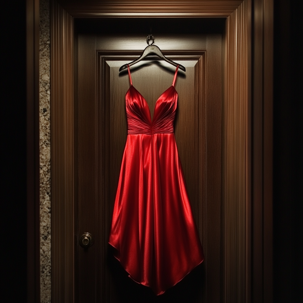 Une robe de soirée rouge accrochée à une porte | Source : Midjourney