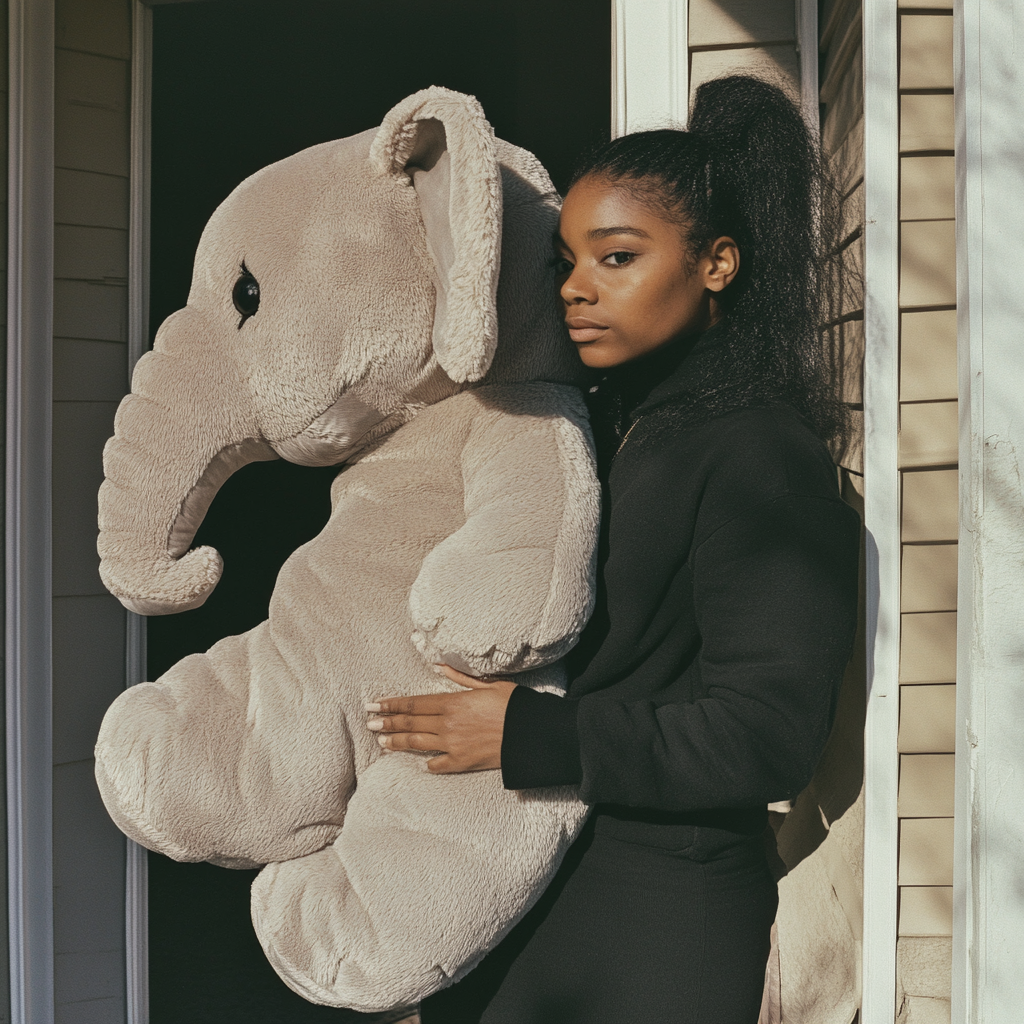 Une femme tenant un jouet géant en forme d'éléphant en peluche | Source : Midjourney