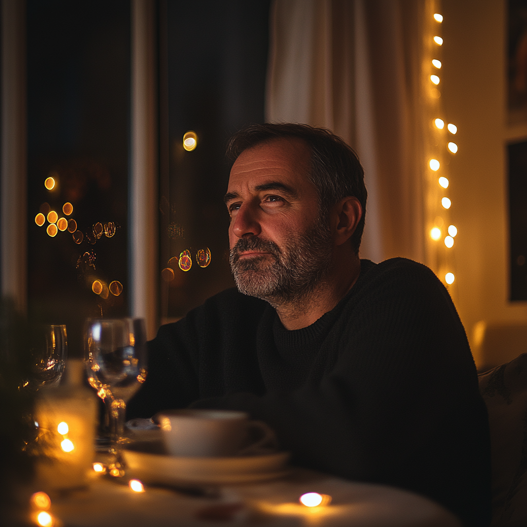 Un homme sérieux à table | Source : Midjourney