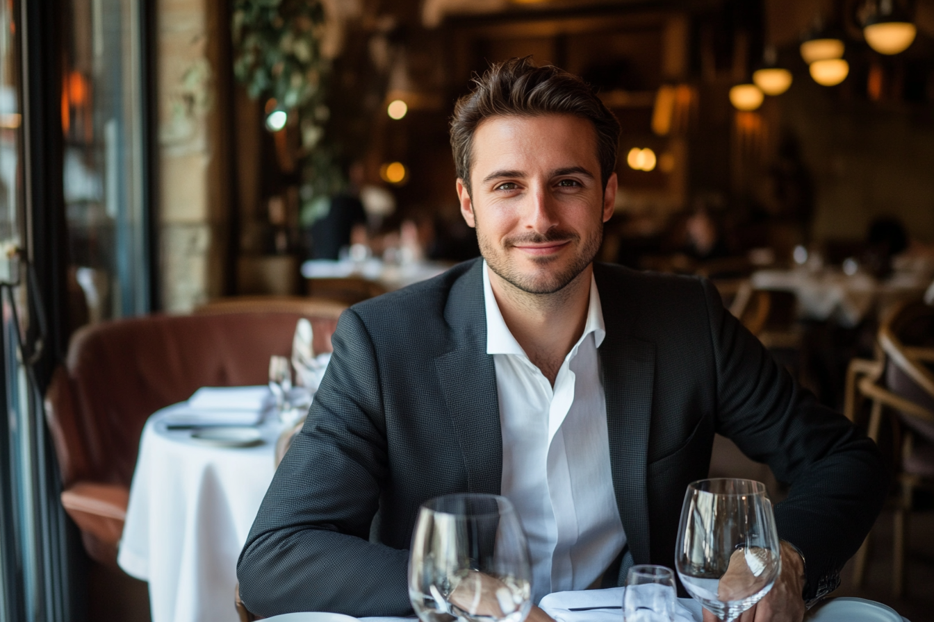 Un homme souriant assis à une table | Source : Midjourney