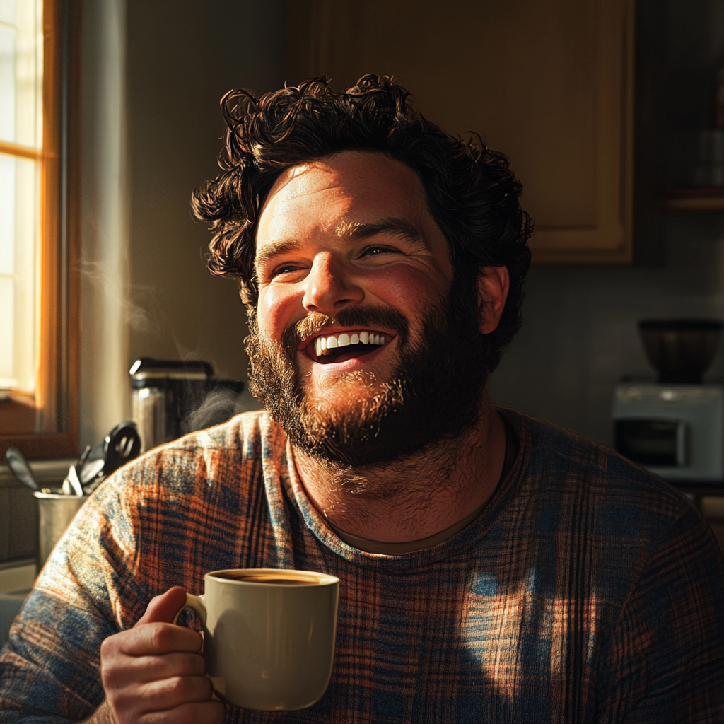 Un homme joyeux tenant une tasse de café | Source : Midjourney