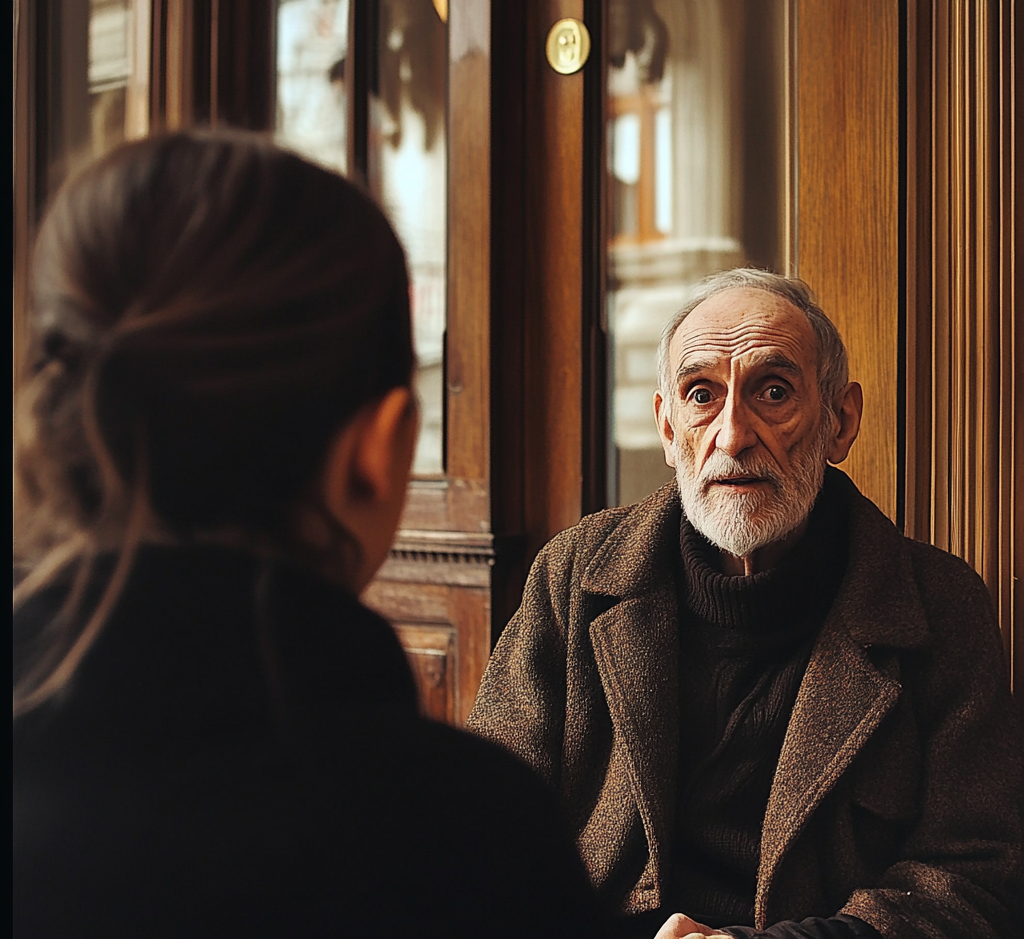 Un homme âgé et une jeune femme en pleine conversation | Source : Midjourney