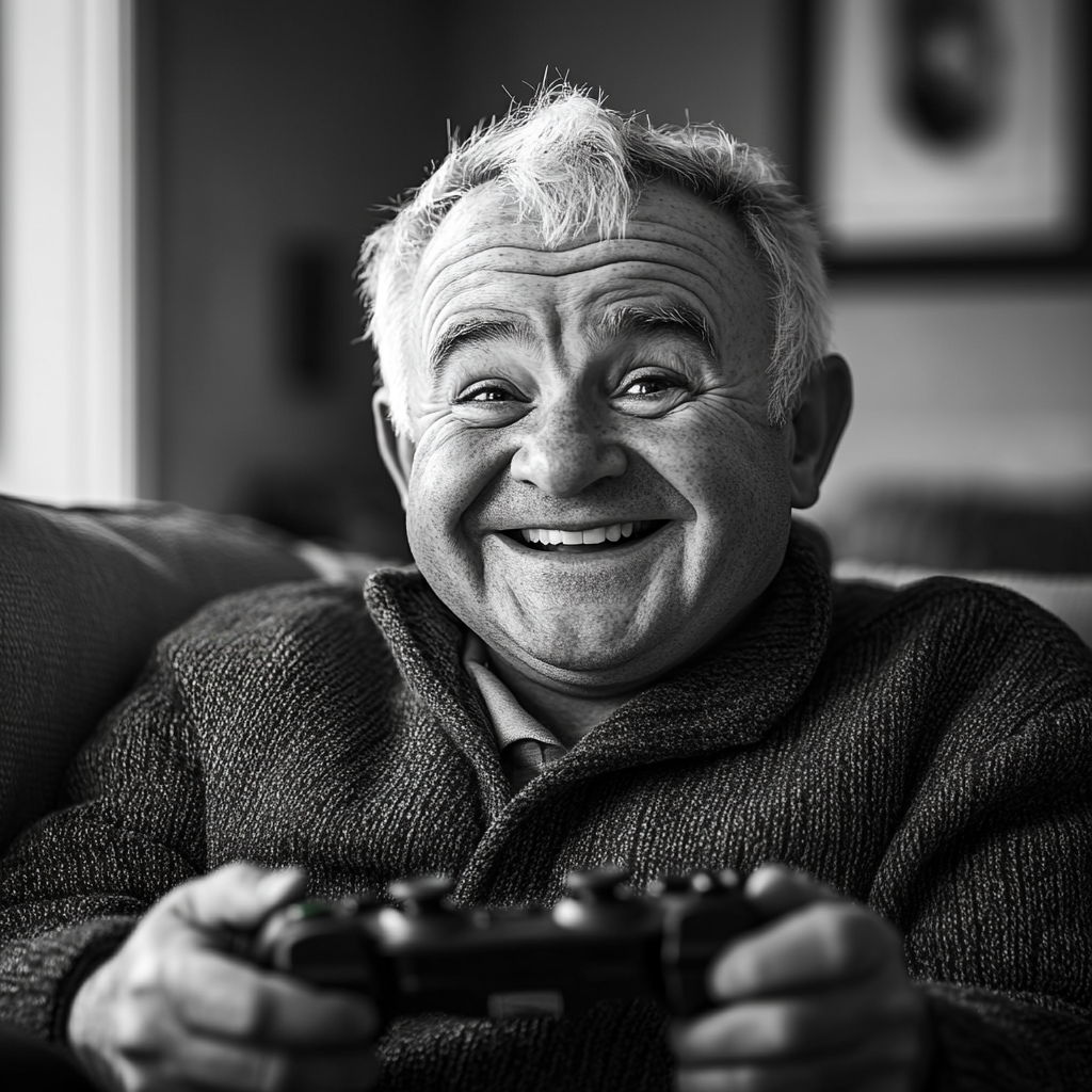 An elderly man holding a game console and looking at someone with despair in his eyes | Source: Midjourney