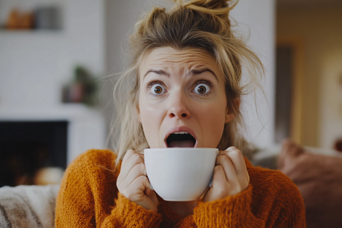 Une femme choquée tenant une tasse à café blanche | Source : Midjourney