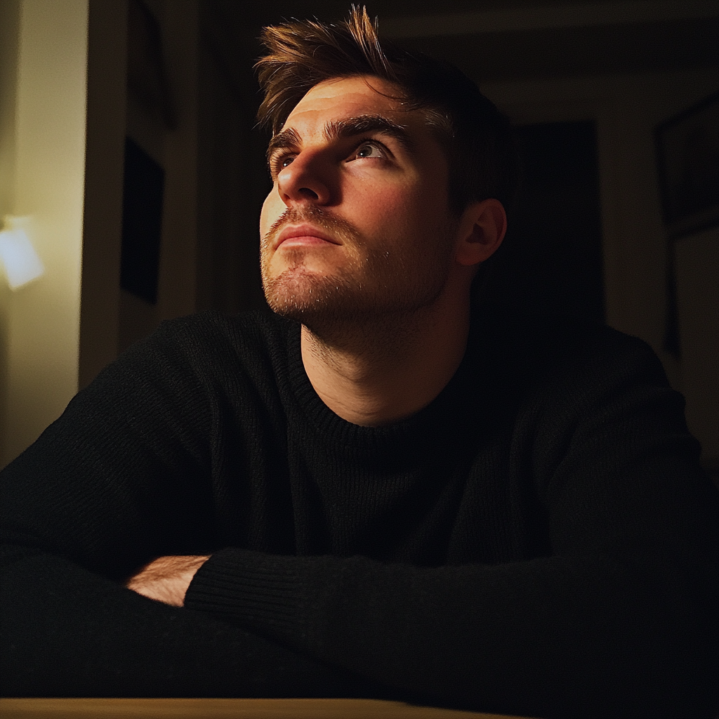 Un homme portant un pull noir assis à une table | Source : Midjourney