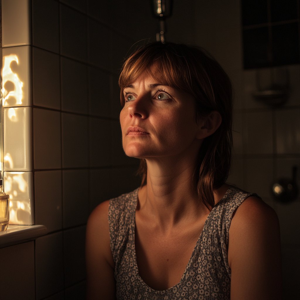 A worried woman in her bathroom | Source: Midjourney