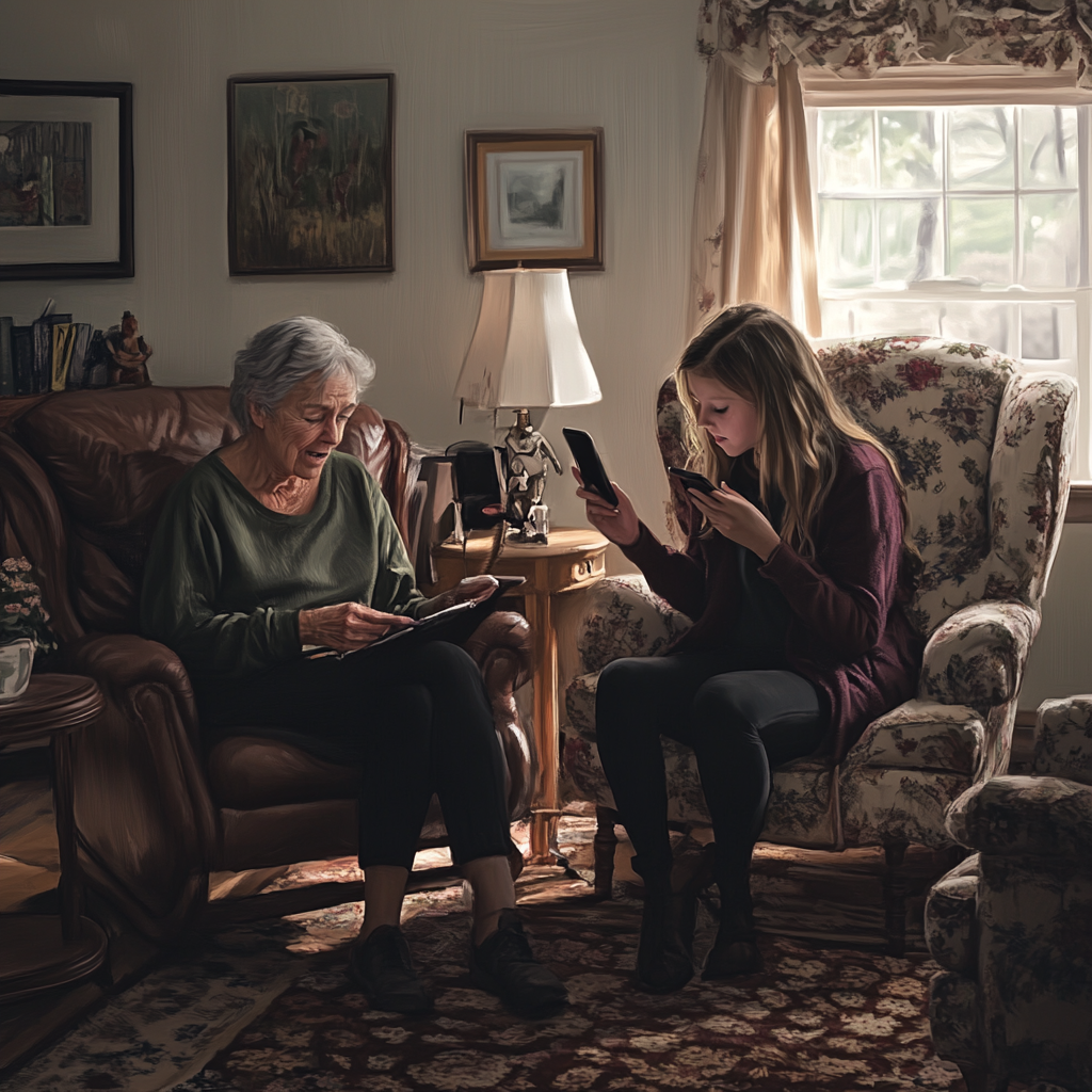 Une grand-mère assise avec sa petite-fille | Source : Midjourney