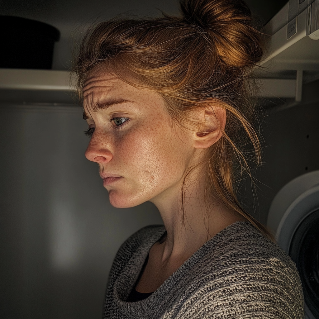 Une femme bouleversée debout dans une buanderie | Source : Midjourney