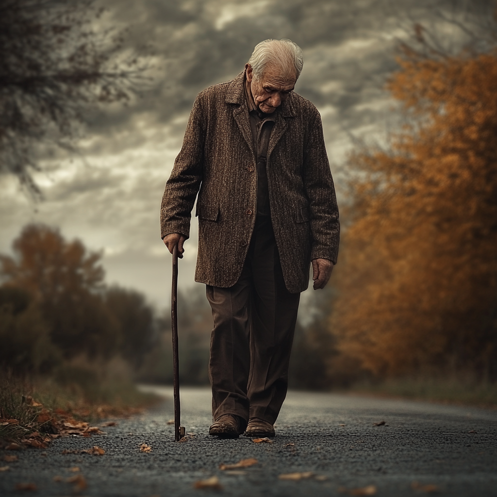 Un homme âgé et triste marchant sur la route | Source : Midjourney