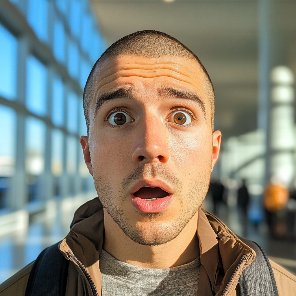 Un homme choqué debout dans un aéroport | Source : Midjourney