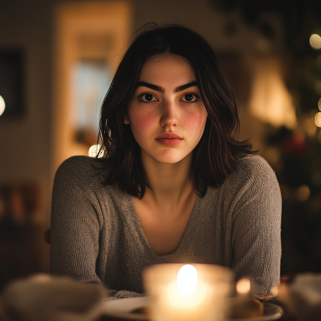 Une femme assise à une table de dîner | Source : Midjourney