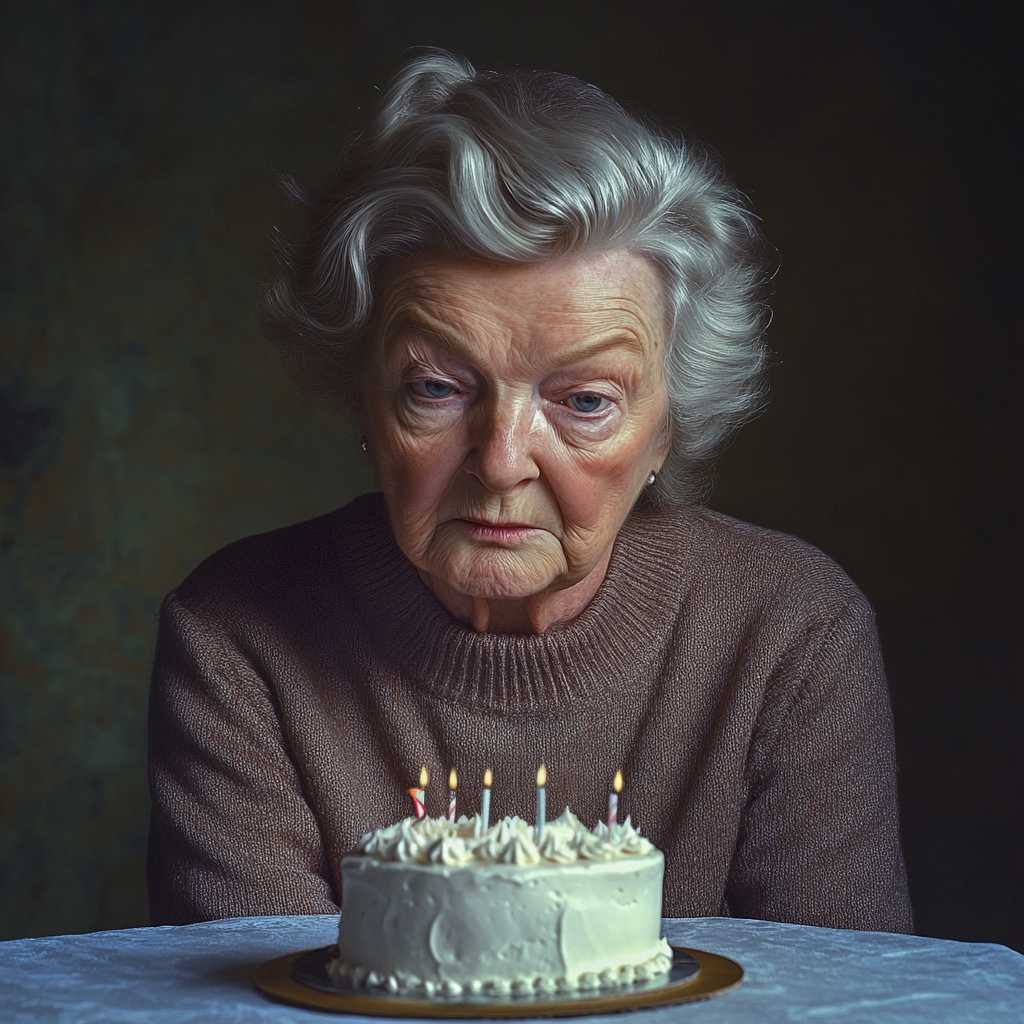 Une femme âgée et triste qui regarde son gâteau d'anniversaire | Source : Midjourney