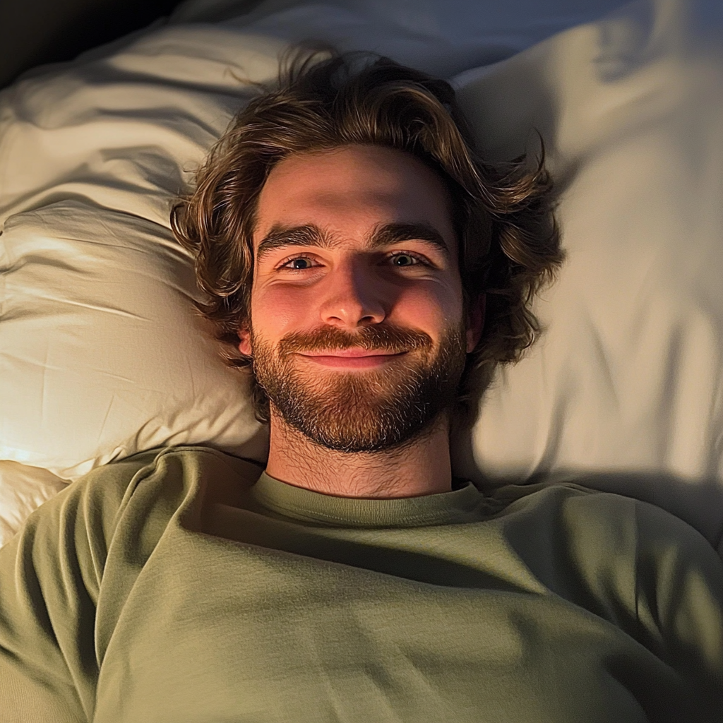 Un homme souriant allongé dans son lit | Source : Midjourney