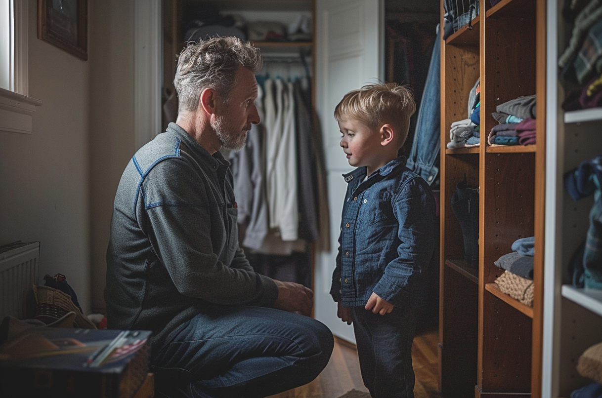 Un jeune garçon parle à son père à l'extérieur d'un placard du couloir | Source : Midjourney