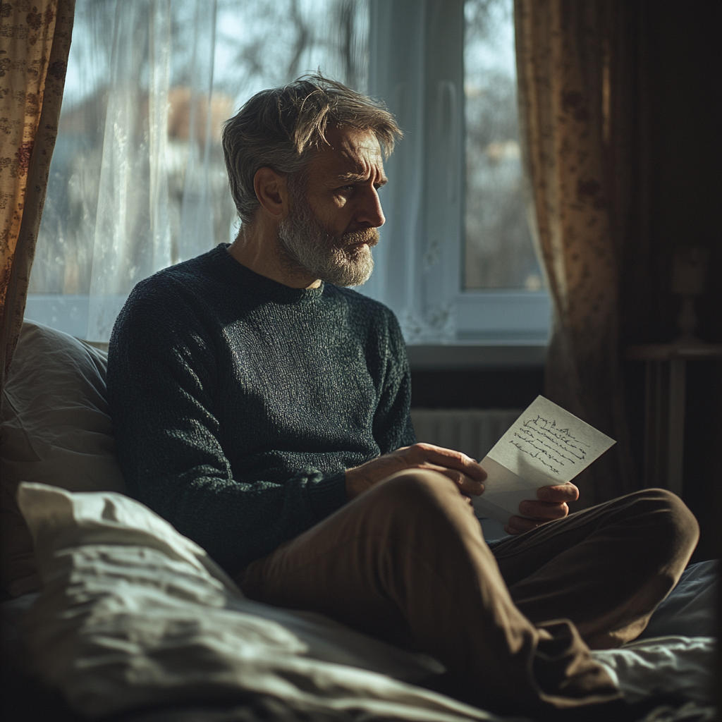 Un homme dévasté tenant une lettre | Source : Midjourney