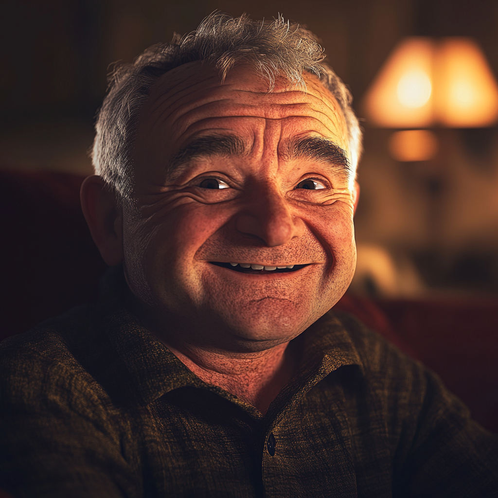 Smiling elderly man sitting on sofa | Source: Midjourney