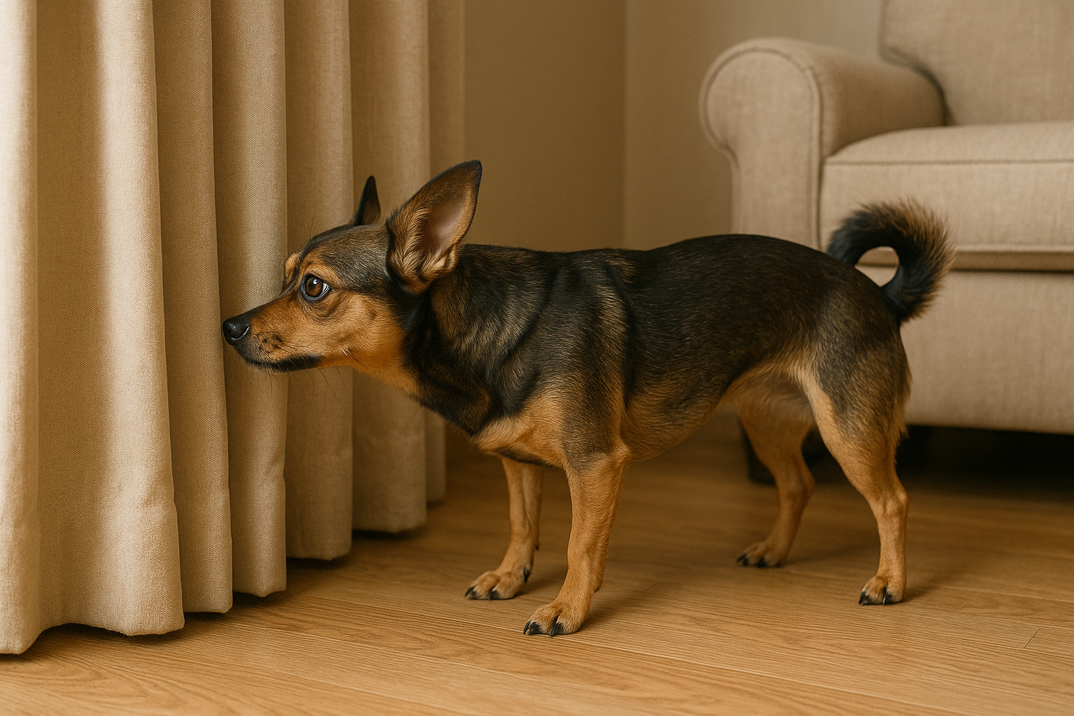 Un chien renifle un rideau | Source : DALL-E
