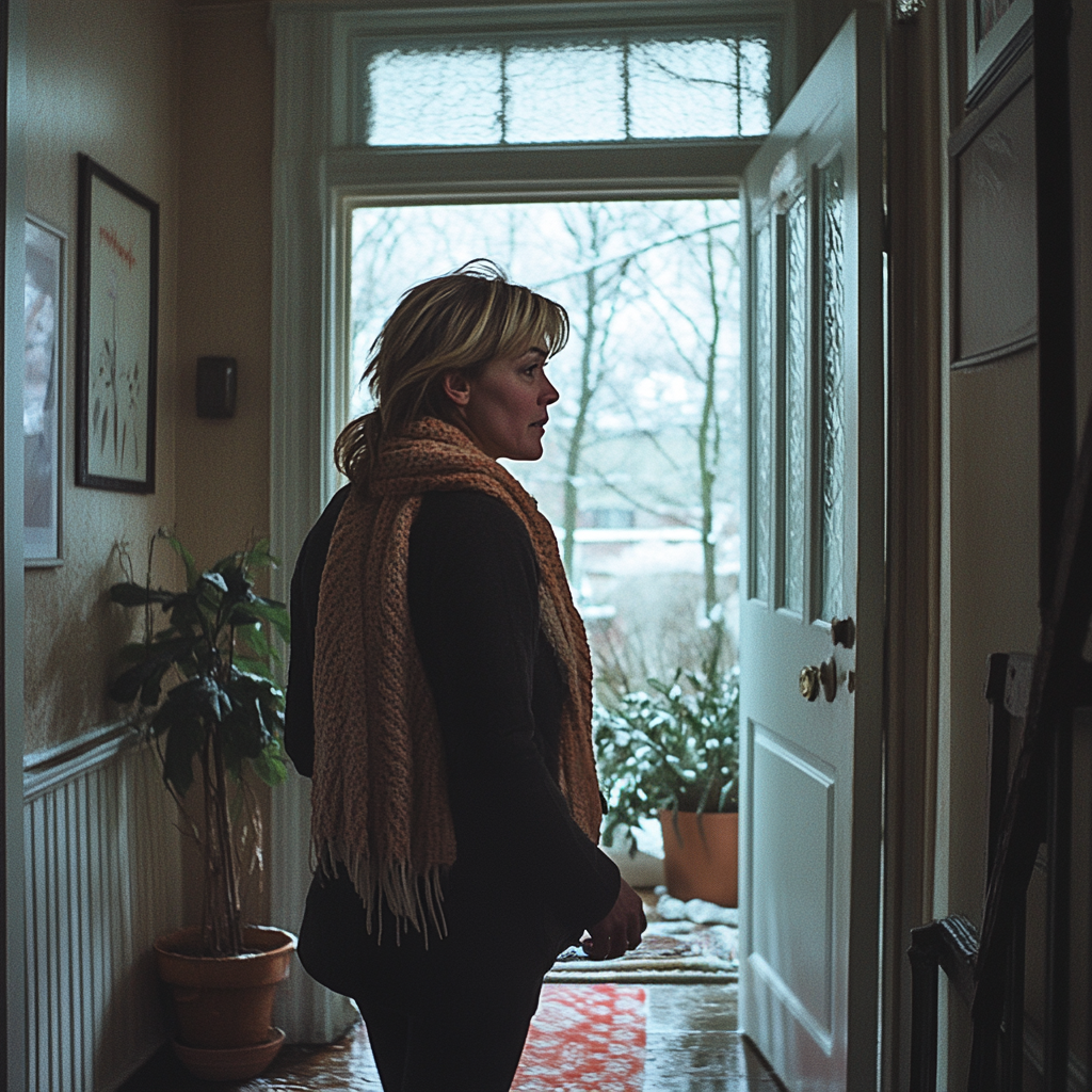 Une femme bouleversée quittant une maison | Source : Midjourney