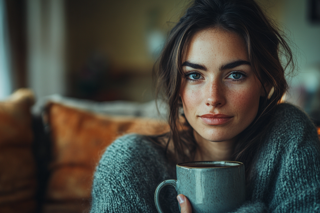 Une femme à l'expression satisfaite, dégustant une tasse de thé dans un mug, assise dans le salon | Source : Midjourney