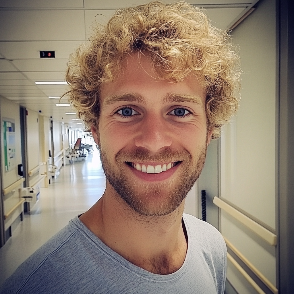 A smiling man standing in a hospital corridor | Source: Midjourney