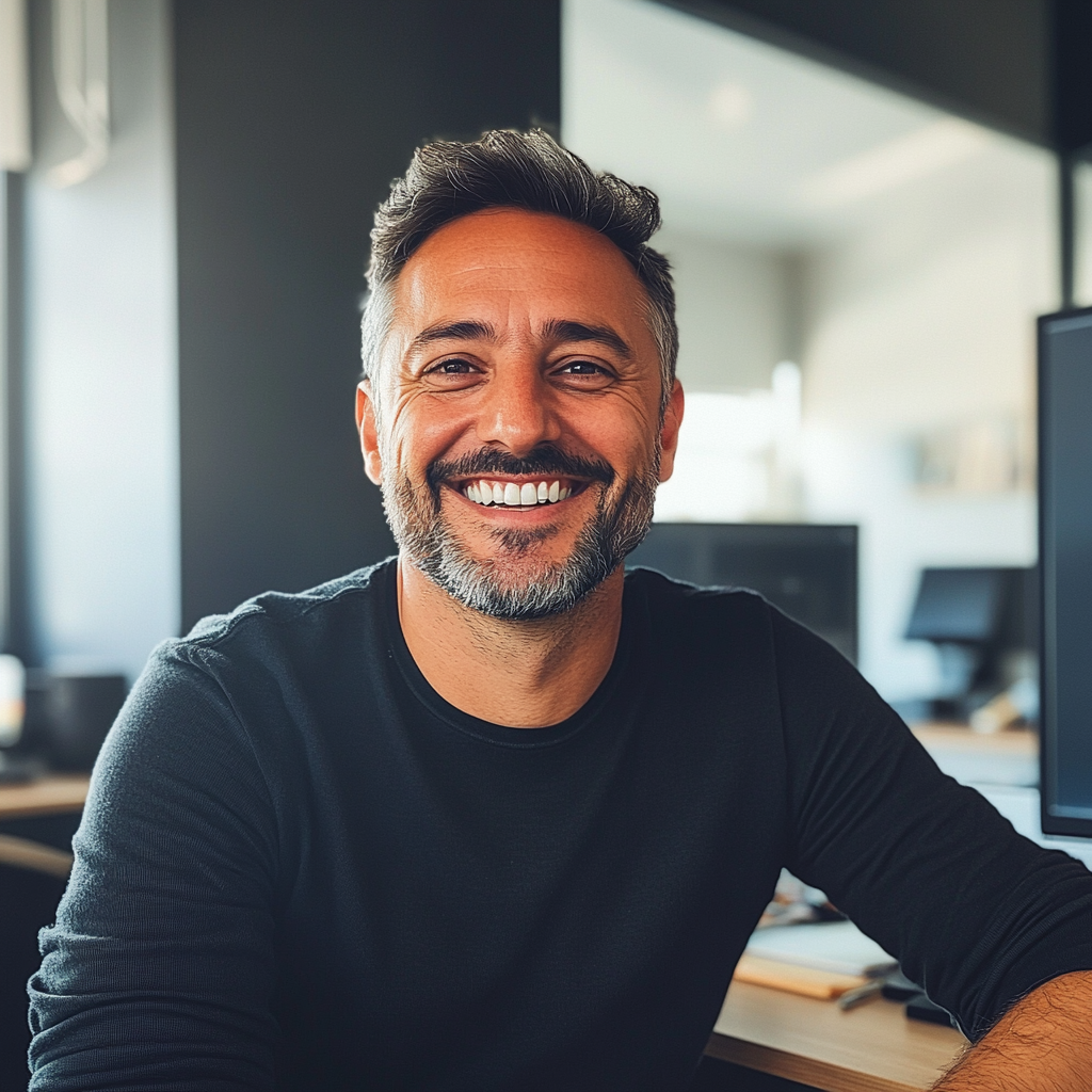 Un homme souriant assis dans son bureau | Source : Midjourney