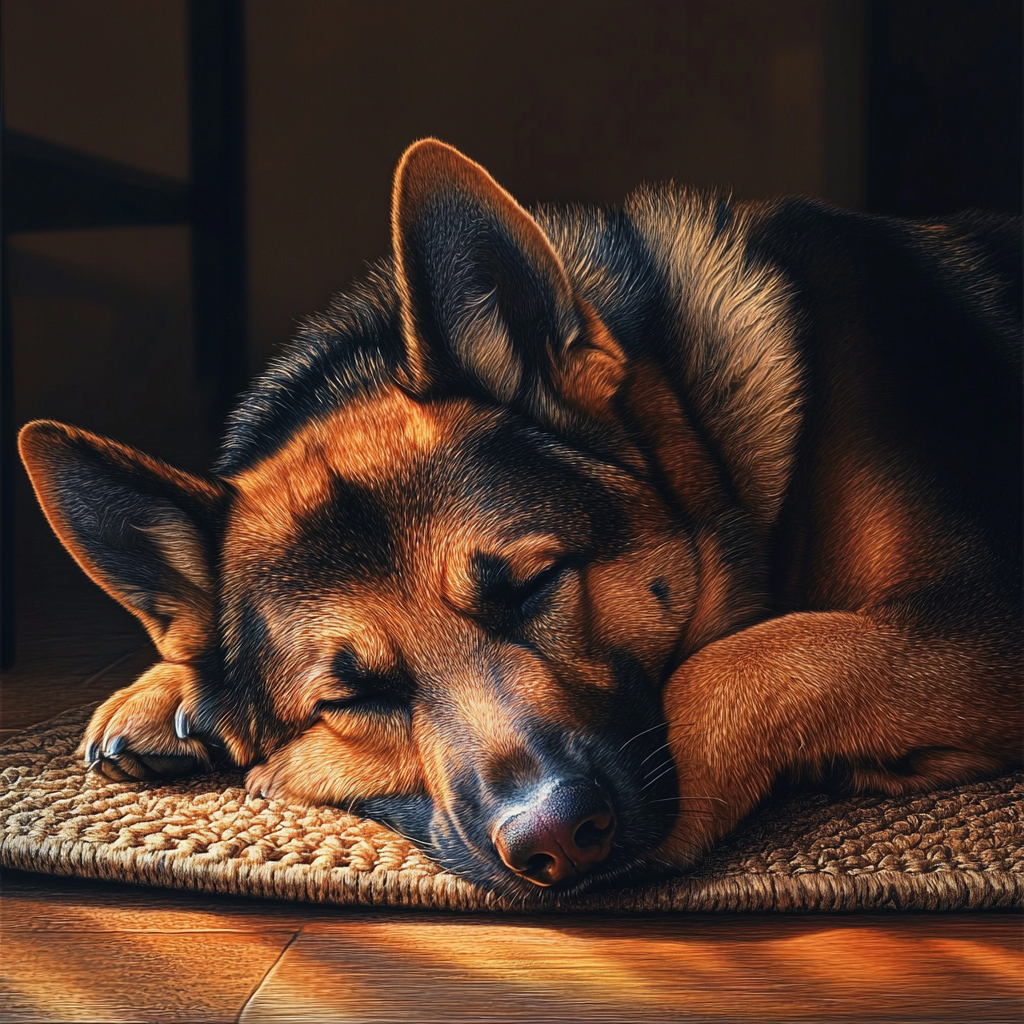 Un berger allemand endormi sur un tapis | Source : Midjourney