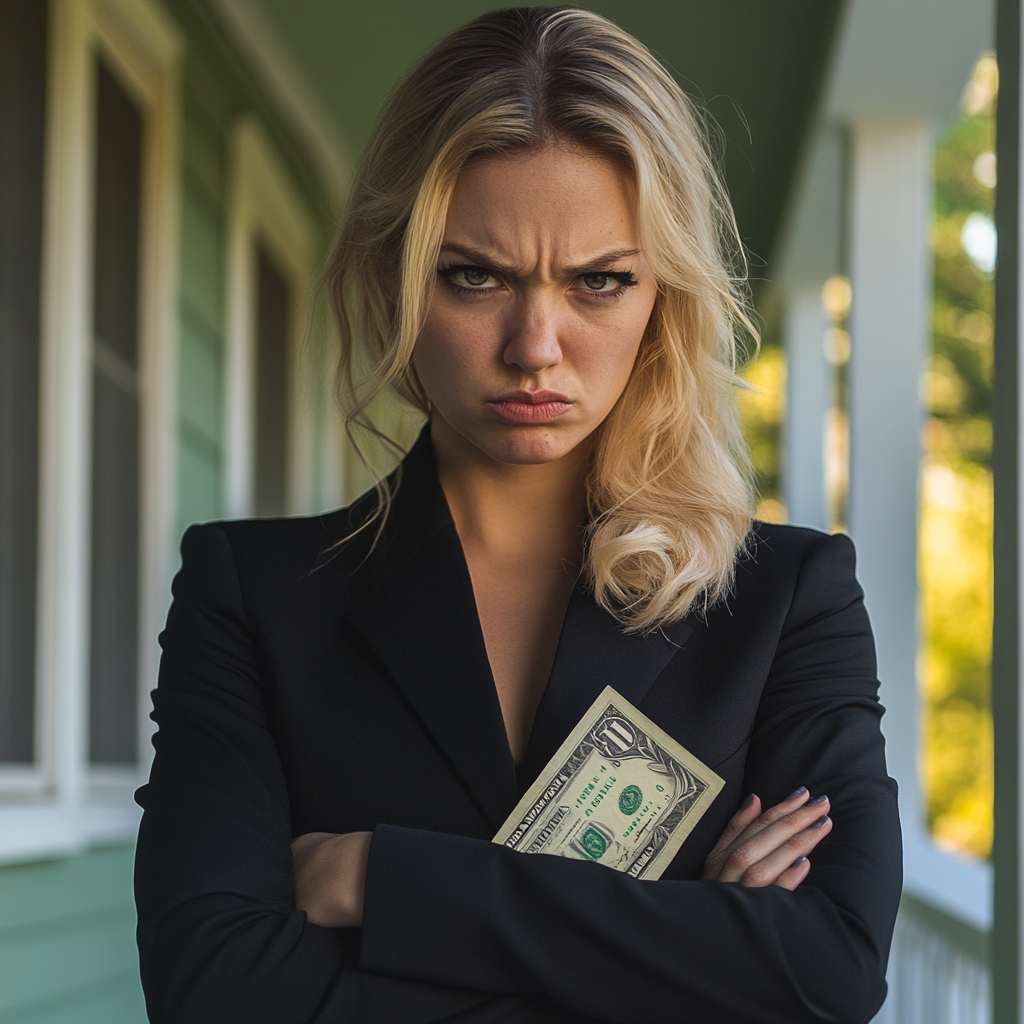 Une femme en colère avec un billet d'un dollar | Source : Midjourney