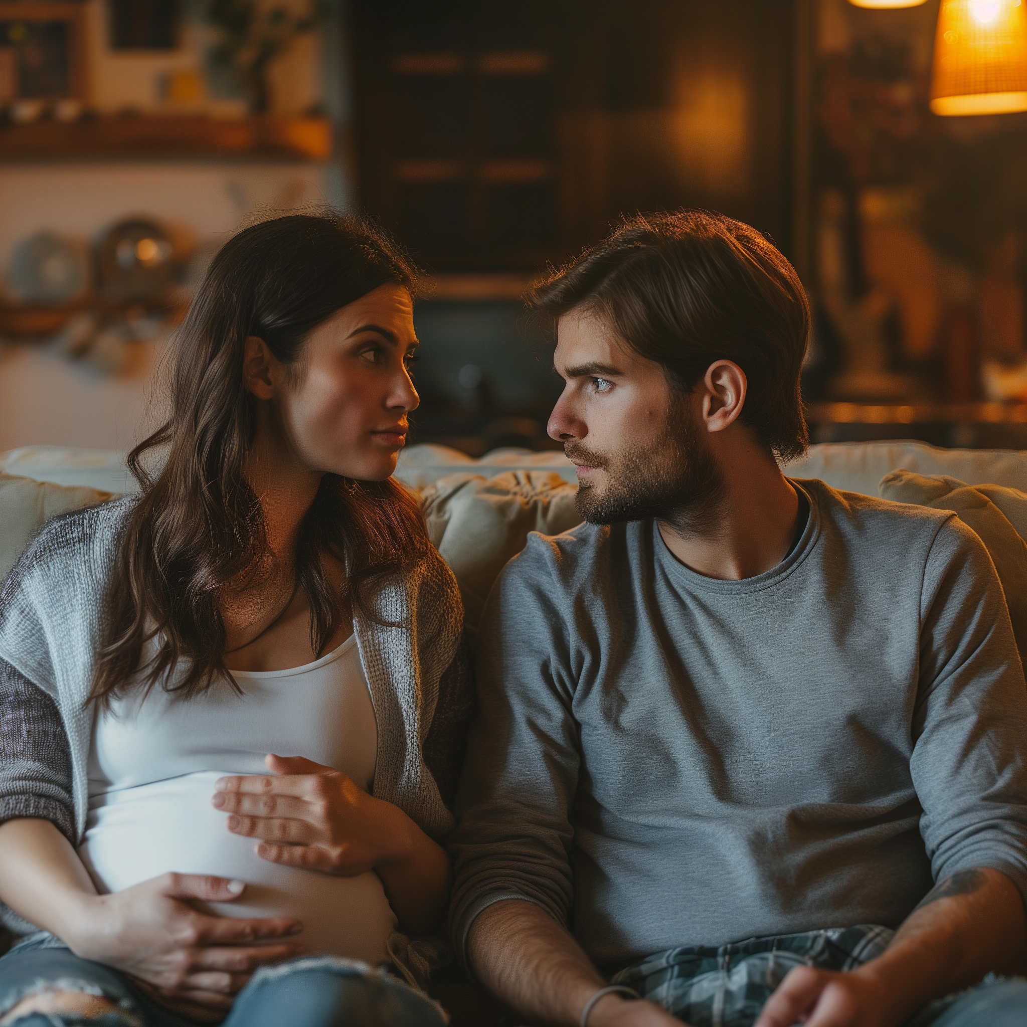 Un couple de femmes enceintes assises sur un canapé discutant d'un sujet sérieux | Source : Midjourney