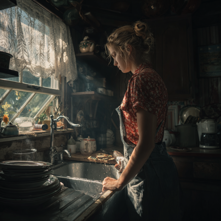 Une femme debout devant un évier de cuisine | Source : Midjourney