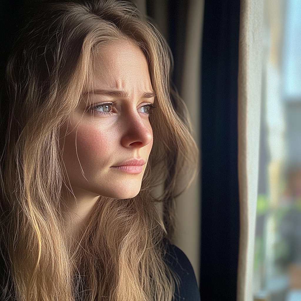 Une femme bouleversée qui regarde par la fenêtre | Source : Midjourney