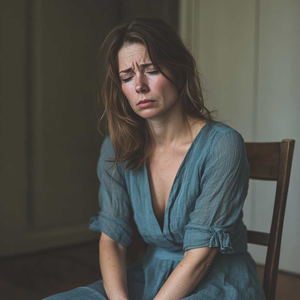 Une femme bouleversée, les yeux fermés | Source : Midjourney