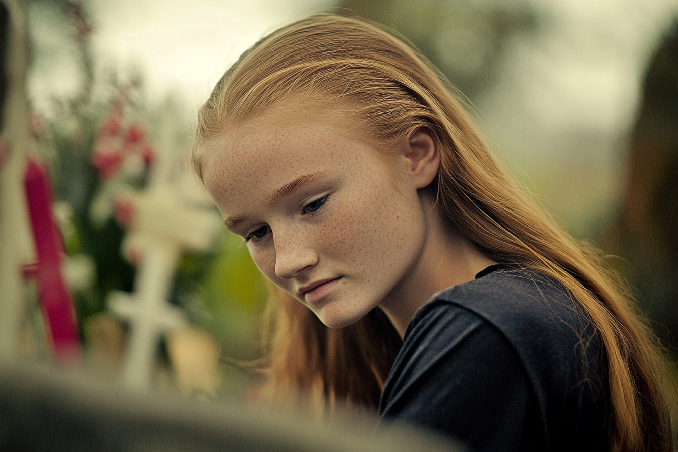 Une adolescente qui regarde fixement vers le bas dans un cimetière | Source : Midjourney