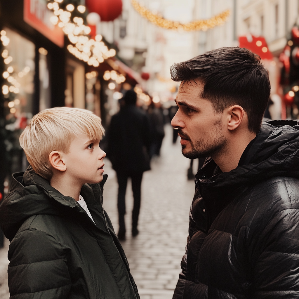 Un homme sérieux qui parle à un garçon | Source : Midjourney