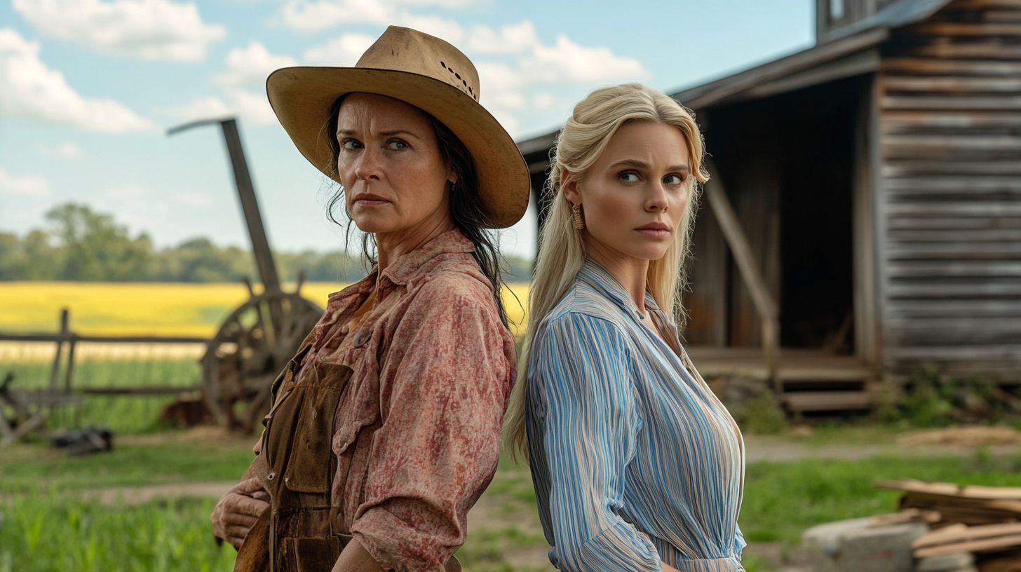 Deux femmes debout dos à dos devant la ferme | Source : Midjourney