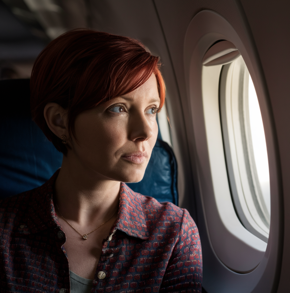 Une femme regarde contemplativement par le hublot d'un avion | Source : Midjourney