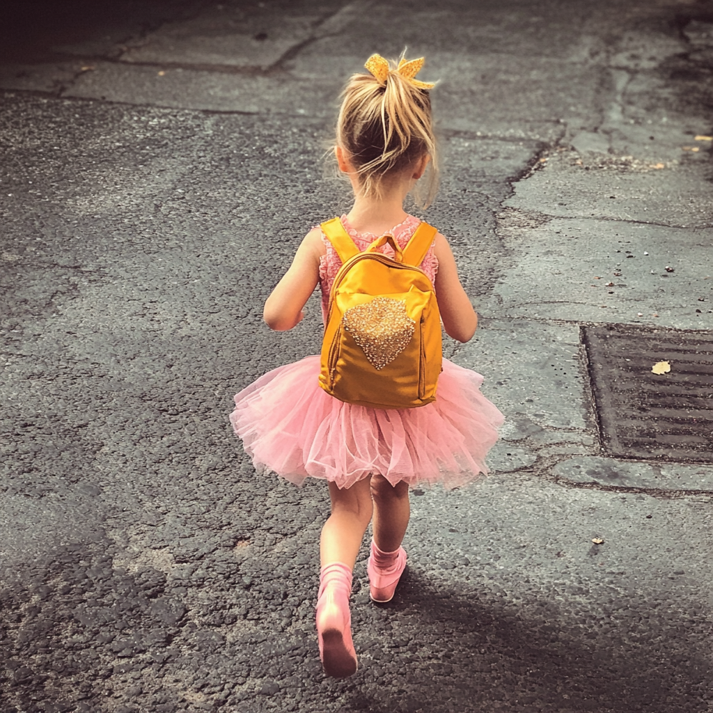 Une petite fille en tenue de ballet marchant sur un trottoir | Source : Midjourney