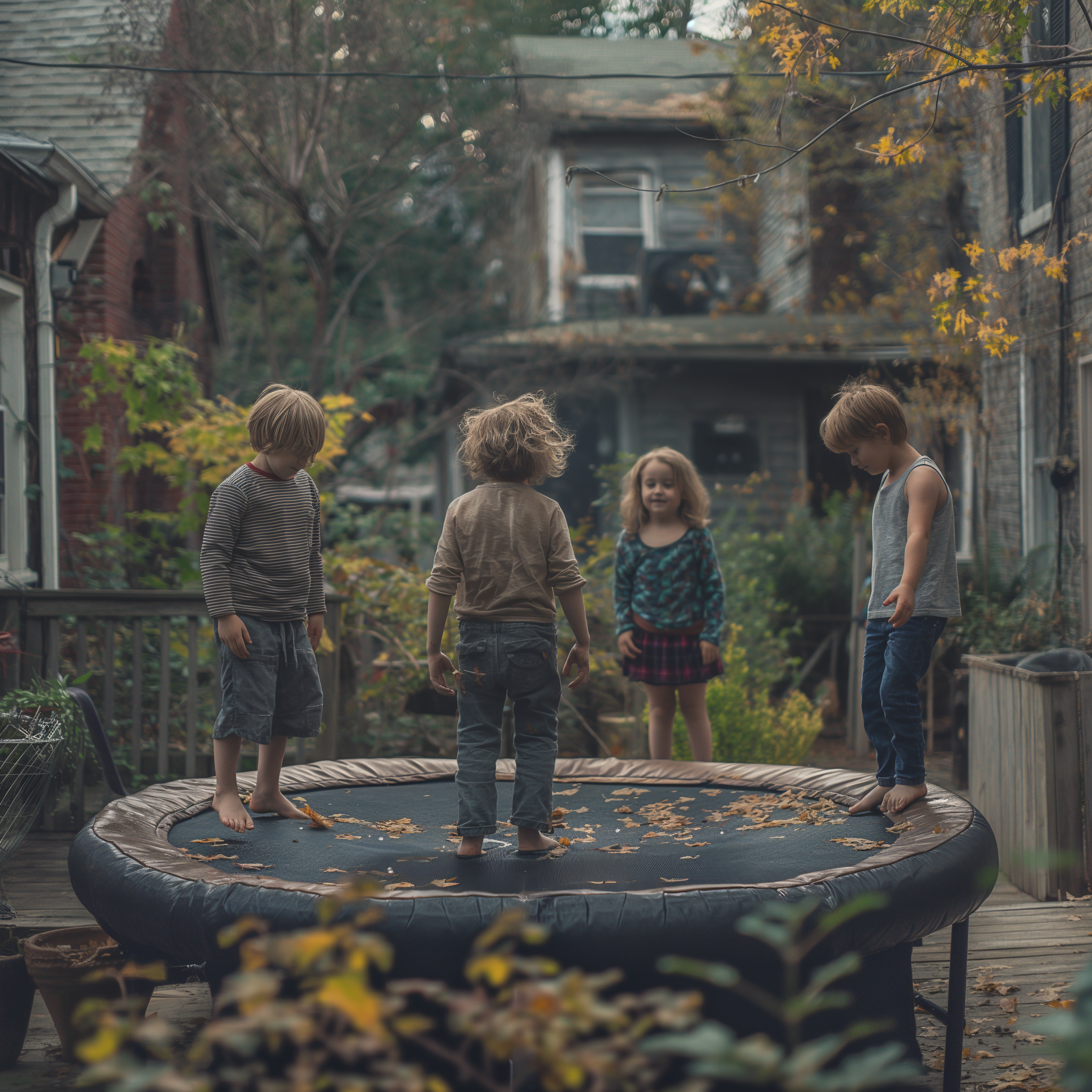 Des enfants heureux jouent sur un trampoline dans une arrière-cour | Source : Midjourney