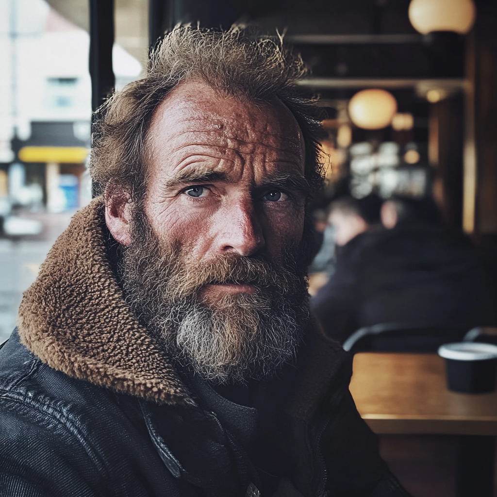 A homeless man in a cafe | Source: Midjourney