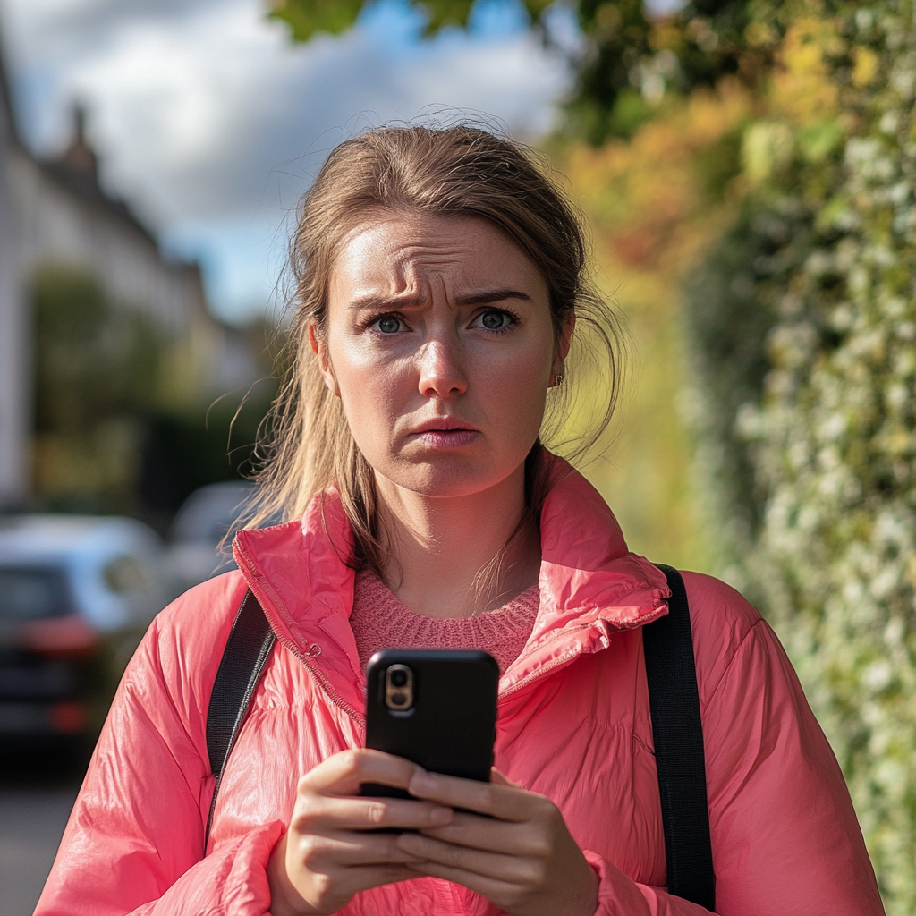 Une femme tenant un téléphone et fronçant les sourcils | Source : Midjourney