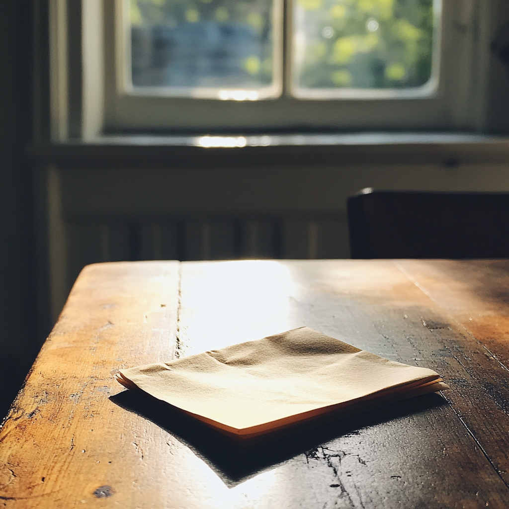 Une feuille de papier pliée sur une table | Source : Midjourney