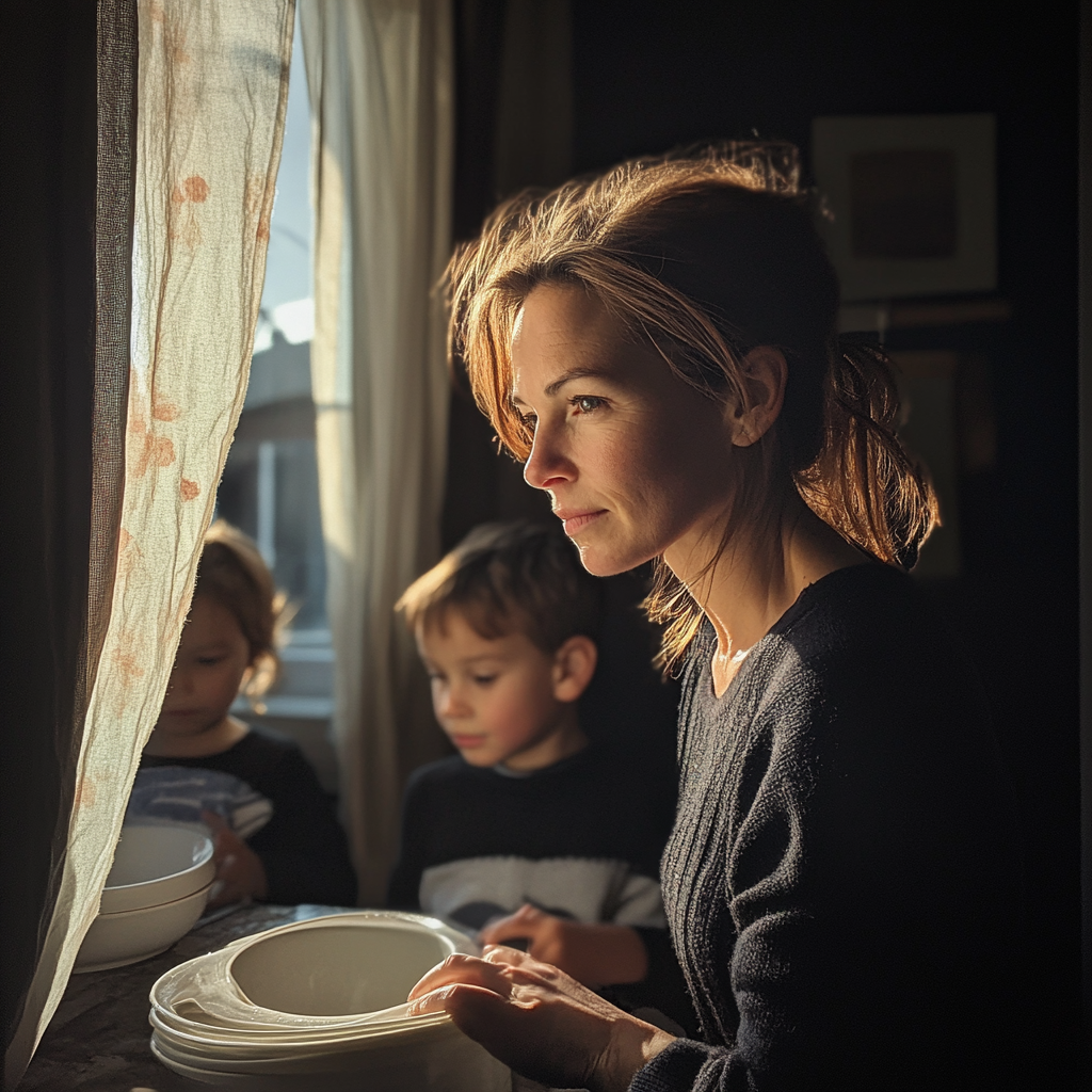 Mère nettoyant la vaisselle avec ses enfants jouant en arrière-plan | Source : Midjourney