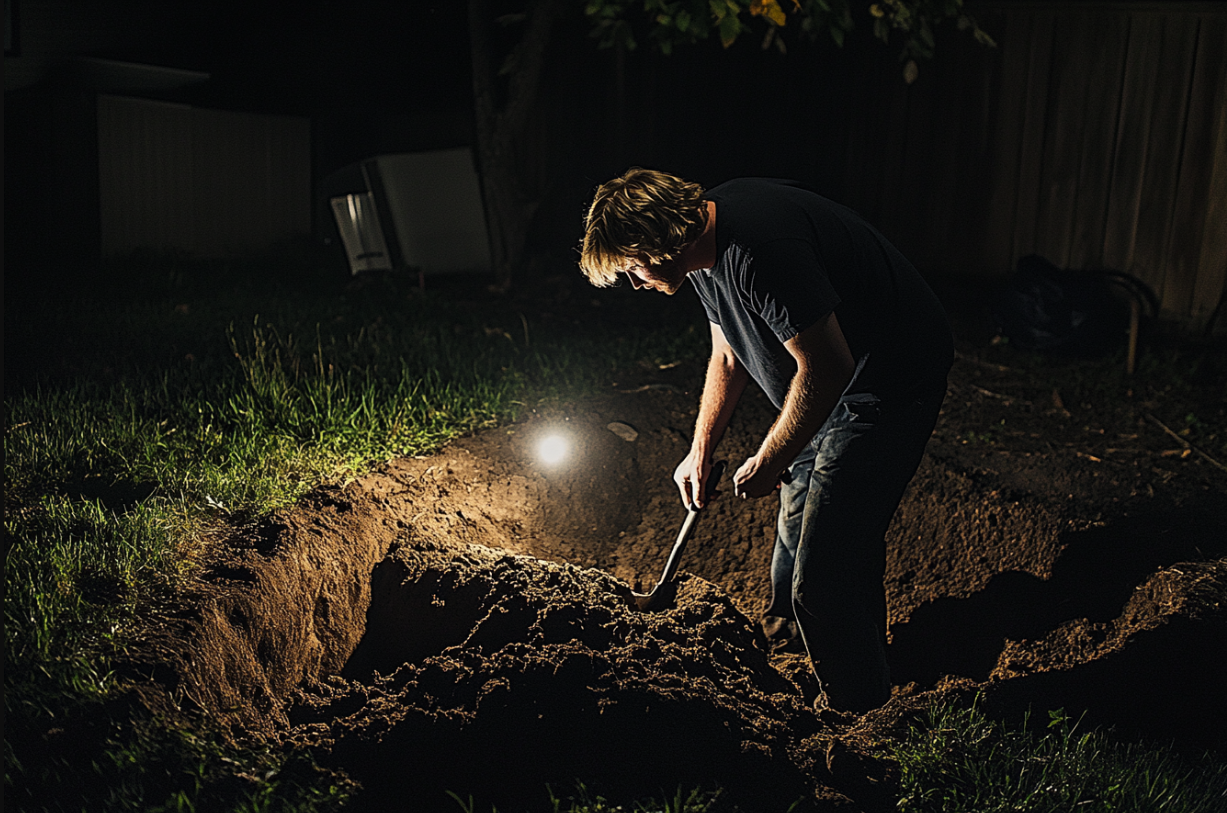 Un homme qui creuse un trou la nuit | Source : Midjourney