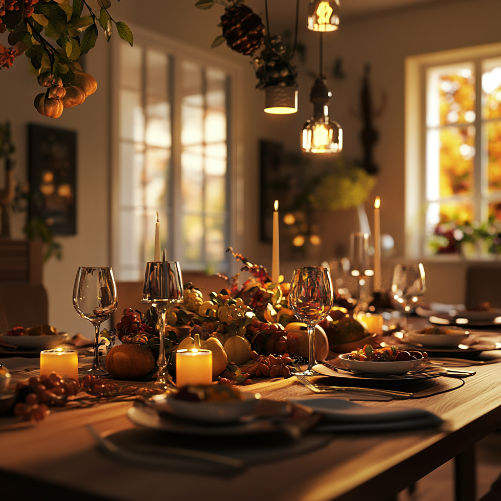 Une table à manger dressée pour un festin de Thanksgiving | Source : Midjourney