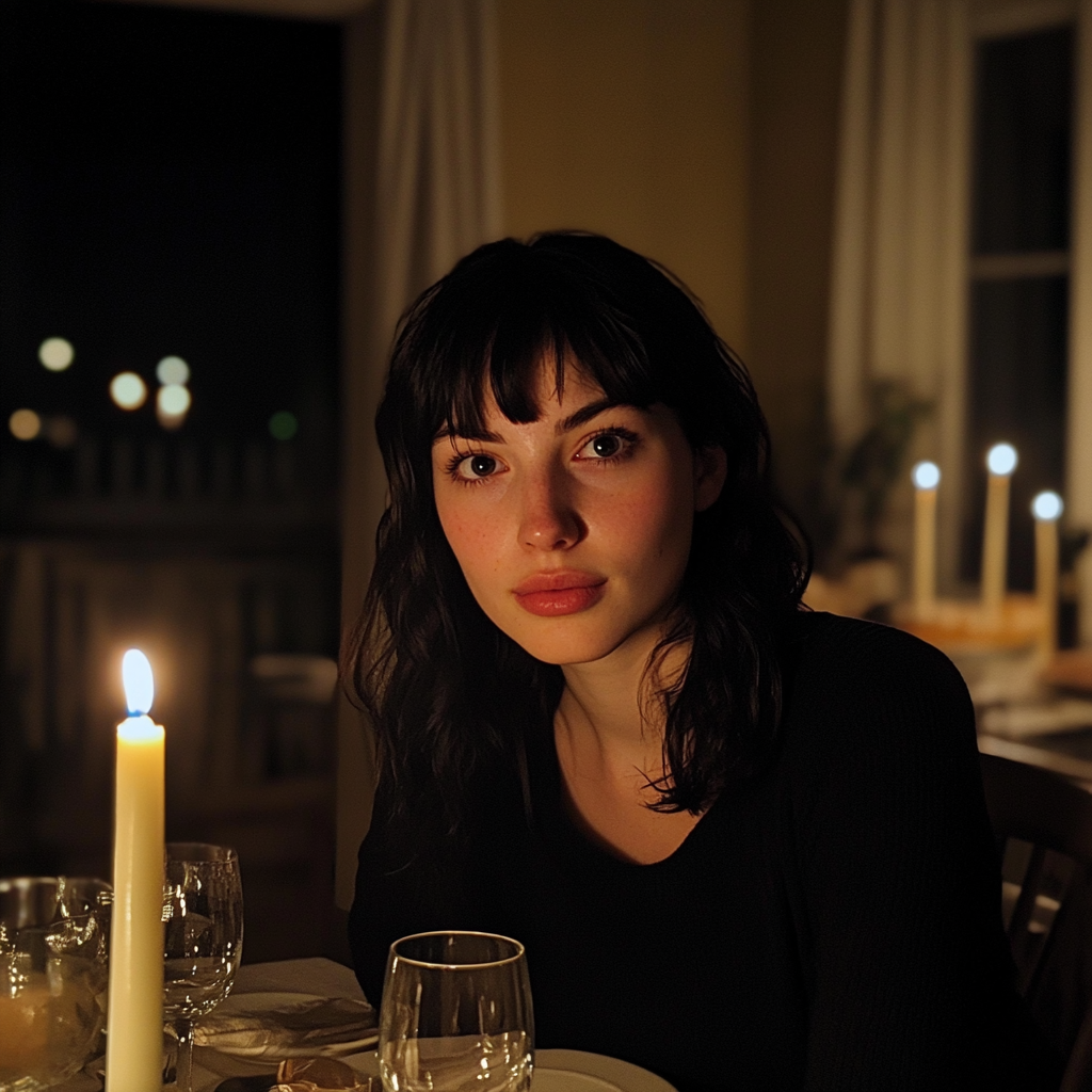 Une femme assise à une table de dîner | Source : Midjourney