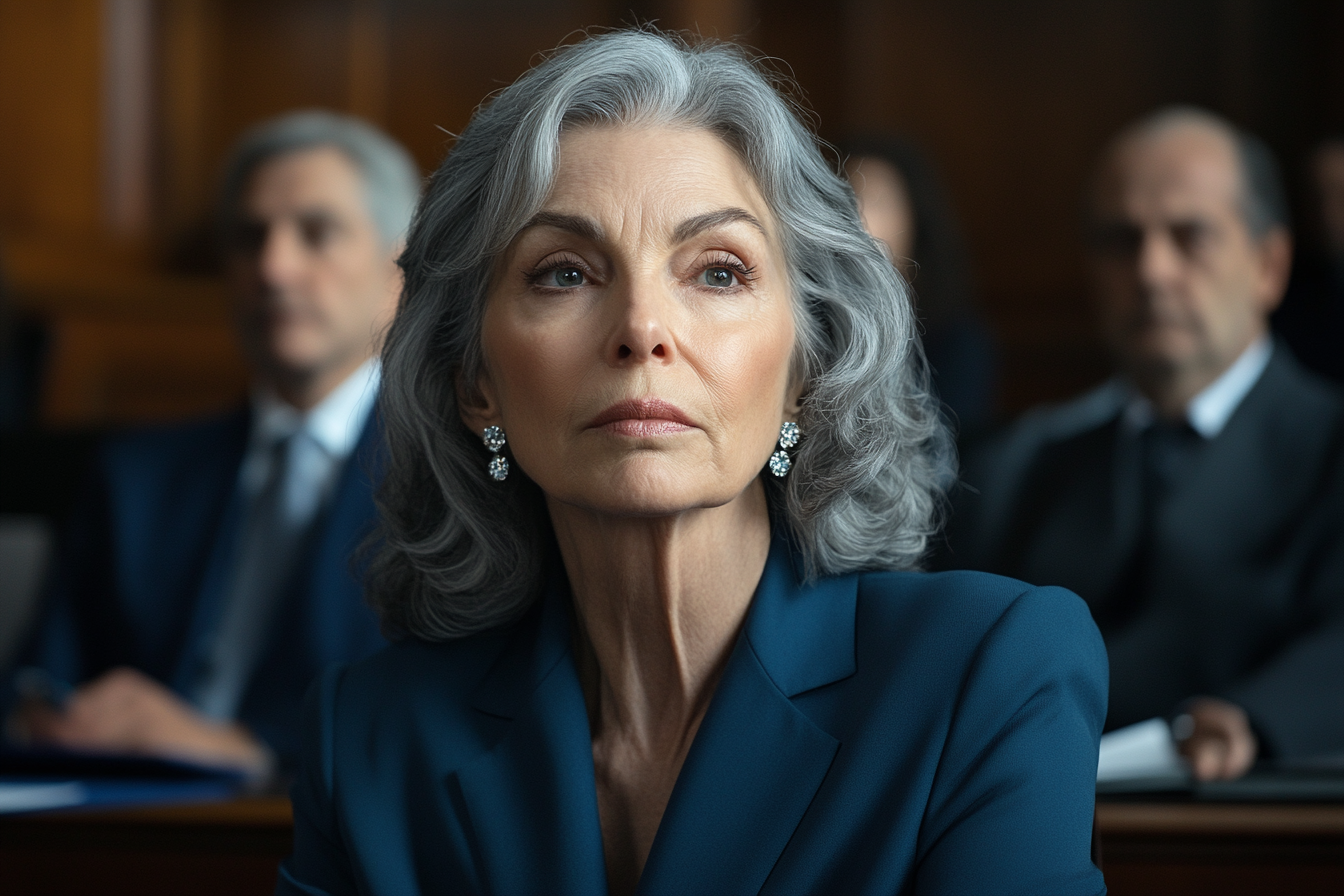 Une femme âgée assise au tribunal avec une expression sérieuse | Source : Midjourney