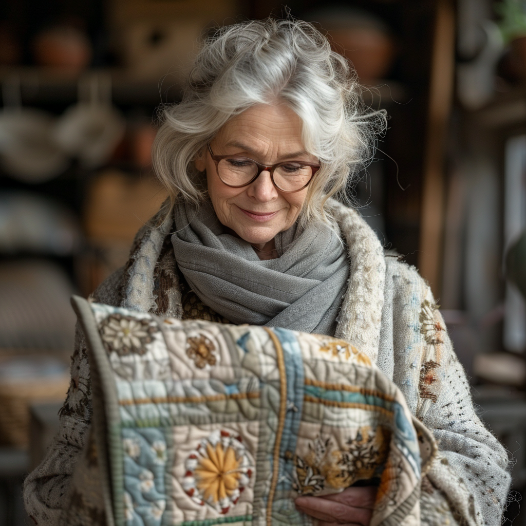 La grand-mère regarde l'édredon qu'elle a confectionné | Source : Midjourney